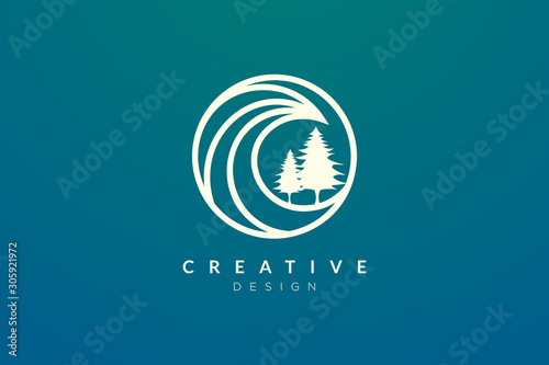 Ocean waves and trees in a circle. Minimalistic and simple vector design