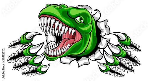 A dinosaur T Rex or raptor cartoon animal mascot tearing or ripping through the background