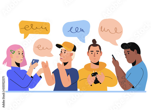 People Characters Chatting Using Smartphone. Friends Discuss Social Network And Texting. Group of Man and Woman with Mobile Phones, ,Dialogue Speech Bubbles. Flat Vector illustration