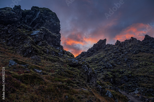 Iceland in september 2019. Great Valley Park Landmannalaugar, surrounded by mountains of rhyolite and unmelted snow. In the valley built large camp. Evening in september 2019