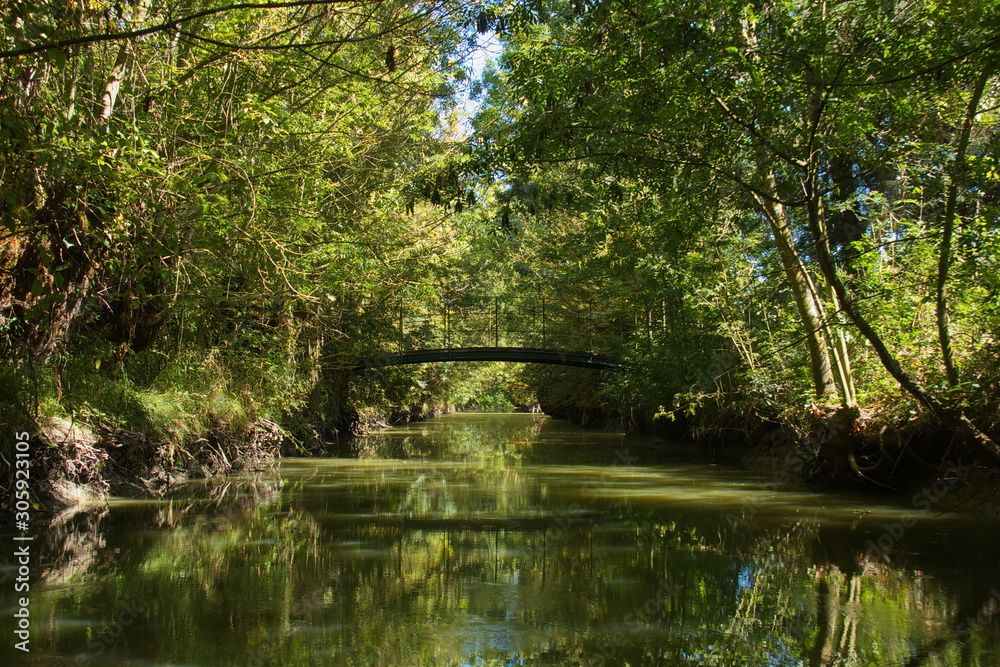 Bridge over the water channel in Park Marais Poitevin near Maillezais in France,Europe Bridge over the water channel in Park Marais Poitevin near Maillezais in France,Europe