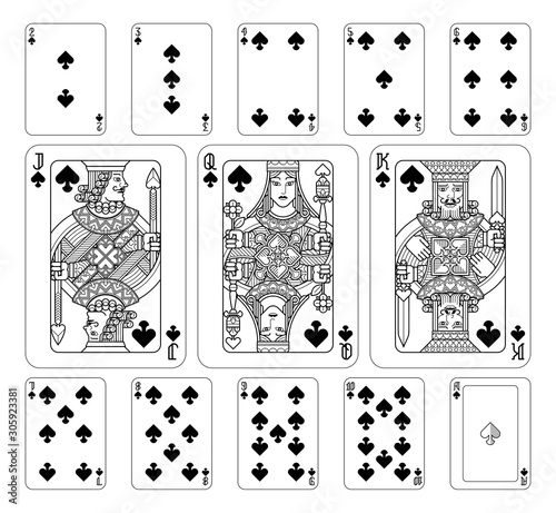 Playing cards spades set in black and white from a new modern original complete full deck design. Standard poker size.