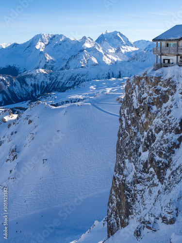 COURCHEVEL, FRANCE - JAN, 2018: A mountain cafe in winter mountain near Courchevel 1850 village