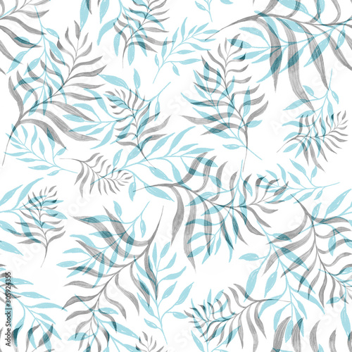 watercolor winter blue and grey leaf seamless pattern