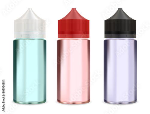 Dropper bottle mock up. E liquid vapour packaging blank. Vape smoke dropper container mockup. Realistic essence oil glass jar. 3d product design for natural essential extract