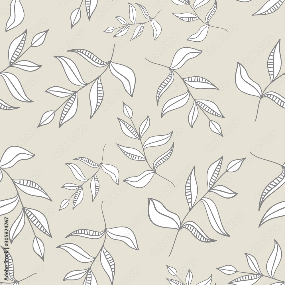 hand drawn seamless pattern with leaves on nude background