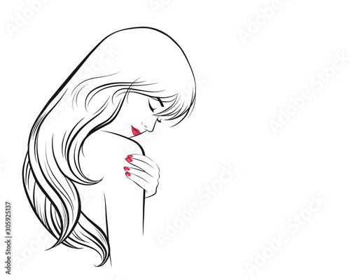 girl face long hair portrait isolated on white background. hand drawn vector illustration line art