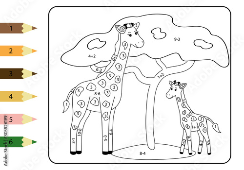 Math coloring page for kids. Study subtraction and addition. Cute african animals - giraffe mom and her baby. Educational game.
