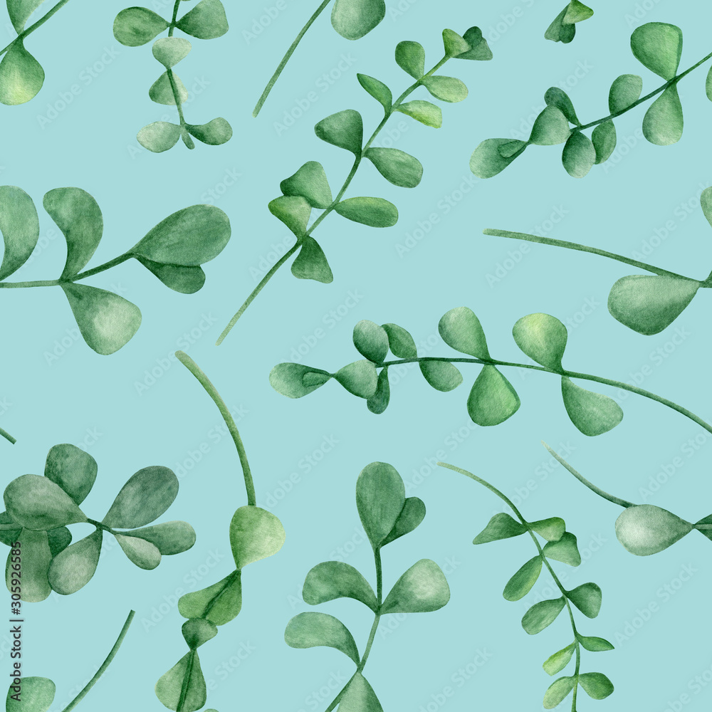 Obraz premium Watercolor eucalyptus branches seamless pattern. Hand drawn silver dollar plants with round leaves isolated on blue background. Design for wallpaper, wrapping, cards, home decor, wedding