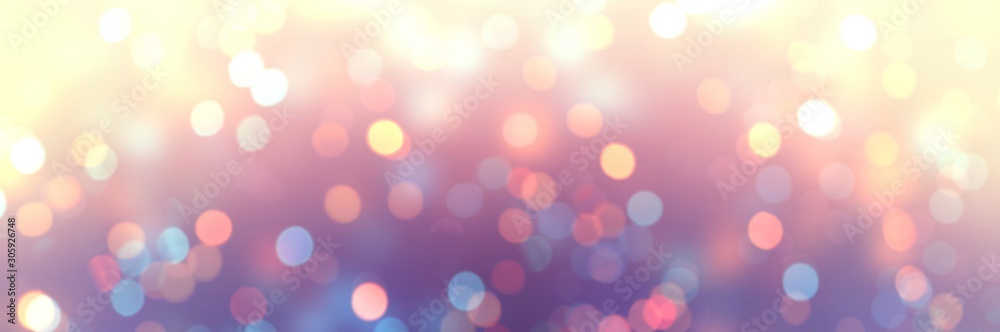 Fototapeta premium Xmas glitter banner. Empty background bokeh. Blurry texture yellow pink lilac sparkles. Abstract template confetti. Defocus pattern holiday.