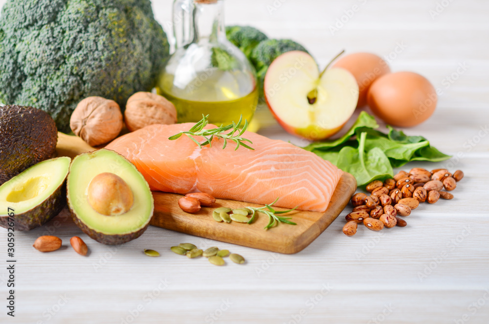 Selection of healthy products. Balanced diet concept.