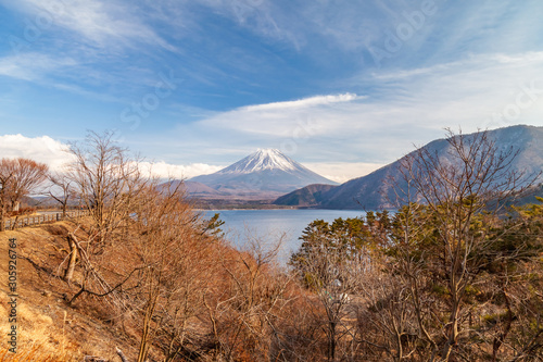 The view of Lake Motoko, One of the 5 lakes around Mount Fuji in the bright blue sky. Landmark, Japan, Fuji san, Yamanashi