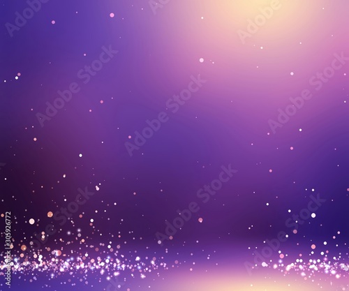 Sparks fly in purple room 3d illustration. Empty festive background. Diamond dust in luxury interior. Glitter snow. Golden shine top on wall texture.