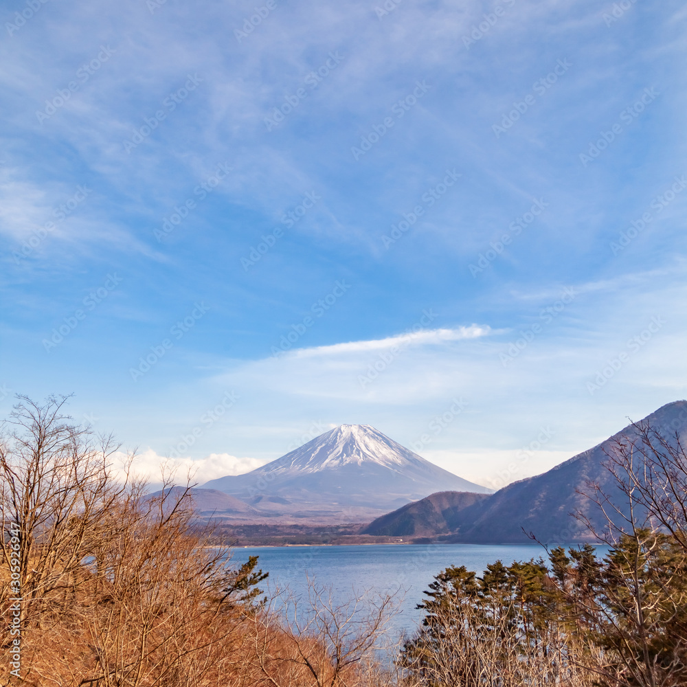 The view of Lake Motoko, One of the 5 lakes around Mount Fuji  in the bright blue sky. Landmark, Japan, Fuji san, Yamanashi