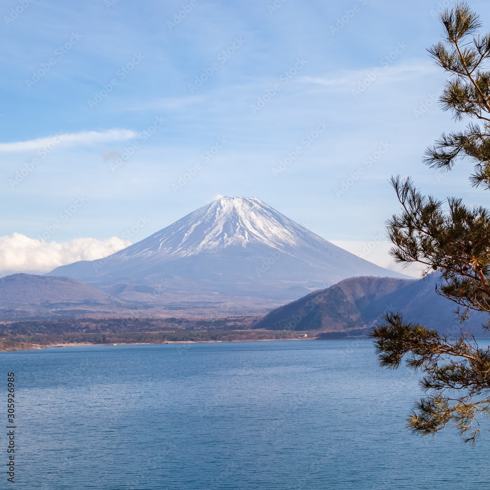 The view of Lake Motoko, One of the 5 lakes around Mount Fuji  in the bright blue sky. Landmark, Japan, Fuji san, Yamanashi