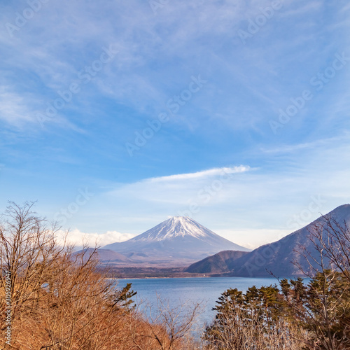 The view of Lake Motoko, One of the 5 lakes around Mount Fuji in the bright blue sky. Landmark, Japan, Fuji san, Yamanashi