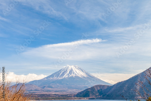 The view of Lake Motoko  One of the 5 lakes around Mount Fuji  in the bright blue sky. Landmark  Japan  Fuji san  Yamanashi