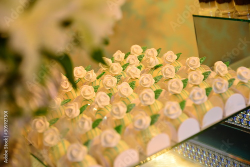 fine sweets in white rosette boxes, condensed milk candy balls, candy balls