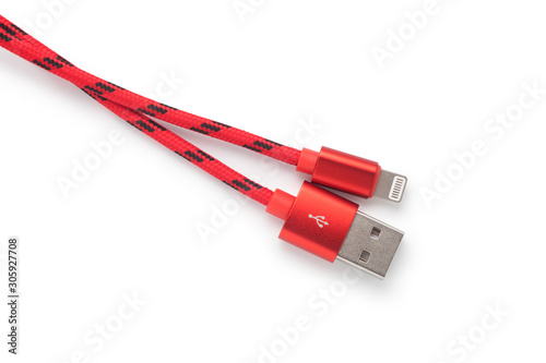 Red USB cable for phone and tablet isolated on white background