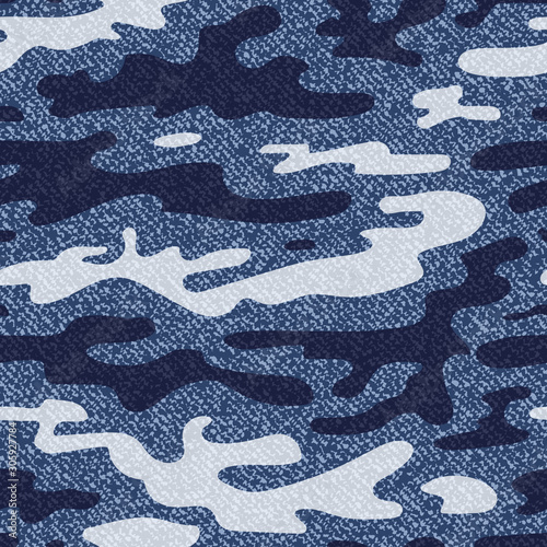 Camouflage Jeans Background. Vector Spotted Denim Seamless Pattern. Blue Jeans Cloth