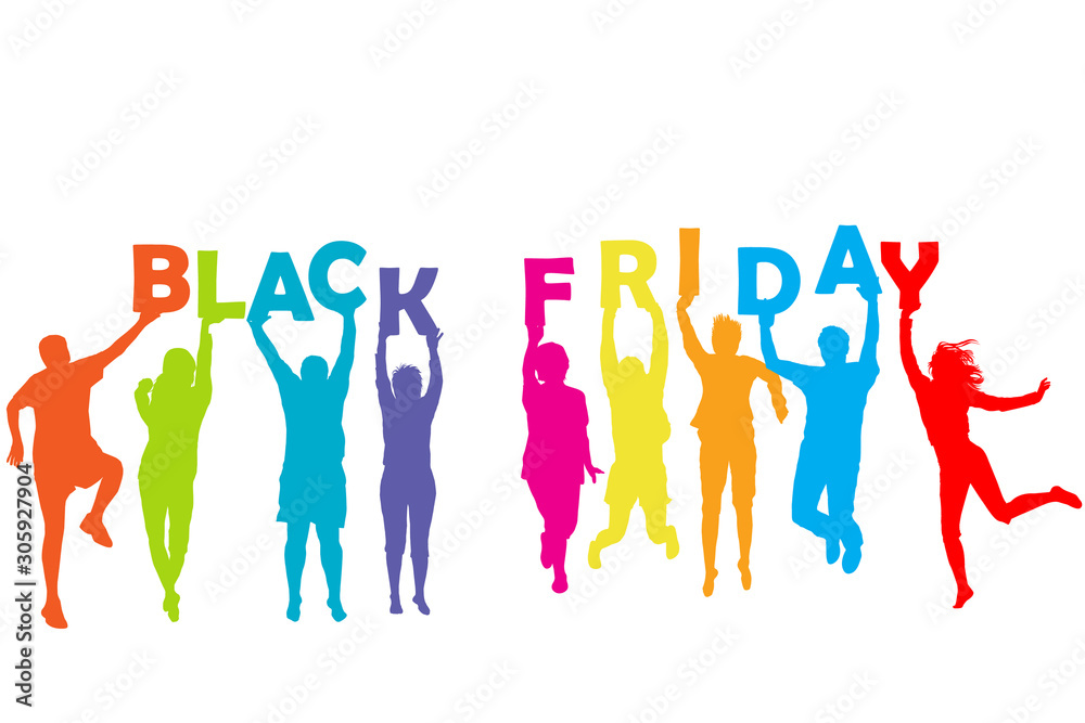 Silhouette of people holding letters with Black Friday offer