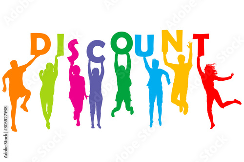 Silhouette of people holding letters with word Discount