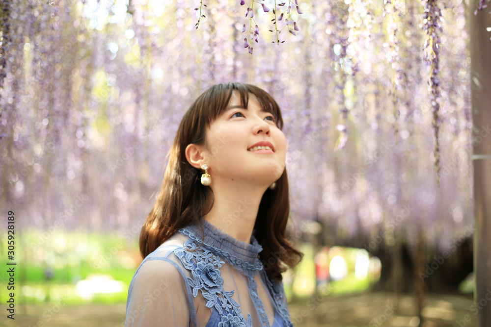 藤を眺める女性 藤を眺める女性