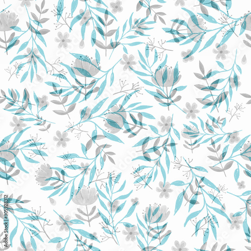 watercolor winter blue and grey leaf and flowers seamless pattern