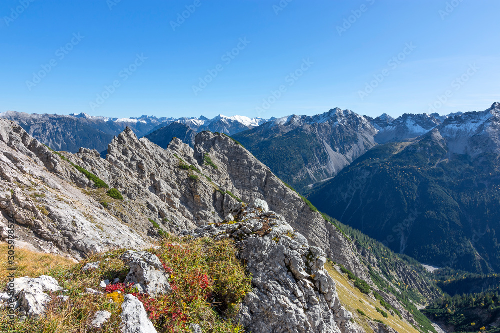 Colorful alpine landscape with rocky mountains, red and yellow grass and forests in autumn in the Allgau Alps (Tirol, Austria)