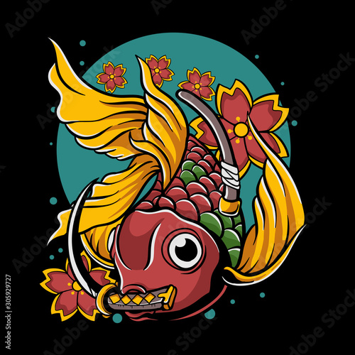 Japanese goldfish with katana in the mouth. Samurai gold fish vector illustration. Japan koi fish for tshirt design, poster,sticker or phone wallpaper