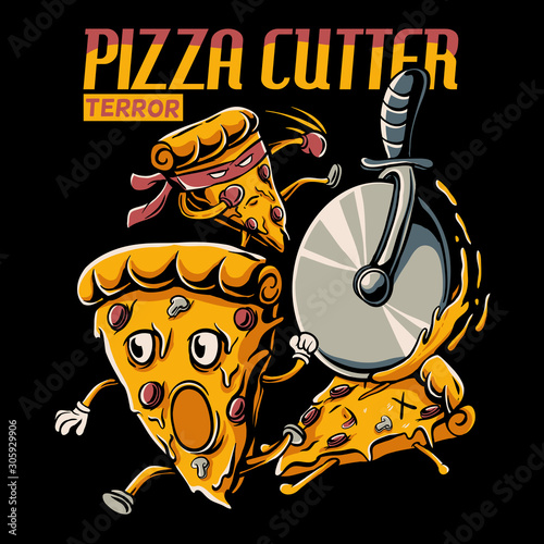 Pizza slice cartoon chased by pizza cutter wheel. Cartoon pizza boxer pop art style. Pizza cutter terror. Funny concept for tshirt design, sticker, web, banner, card, poster, and phone wallpaper