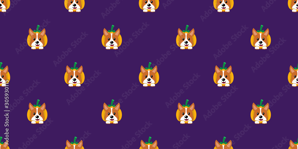 Vector halloween corgi dog with pumpkin seamless pattern background cartoon style for design. Vector halloween corgi dog with pumpkin seamless pattern background cartoon style for design.