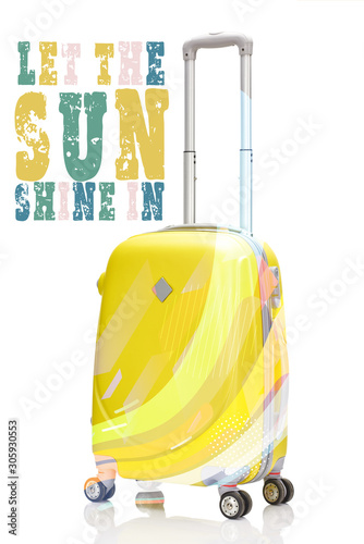 yellow plastic wheeled suitcase with handle isolated on white with let the sun shine in illustration