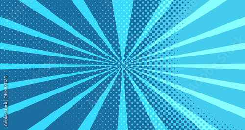 Vintage colorful comic book background. Blue blank bubbles of different shapes. Rays  radial  halftone  dotted effects. For sale banner for your designe 1960s. With copy space eps10.