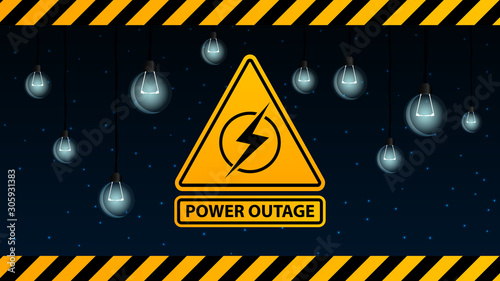 Power outage, yellow warning logo on the background of starry sky and dull light bulbs