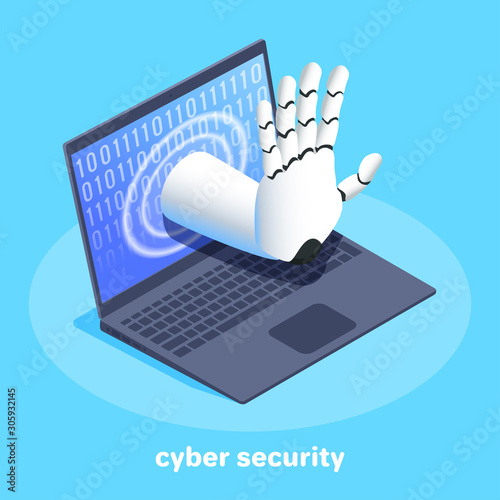 isometric vector image on a blue background, a black laptop and a robot arm from the screen, cyber security