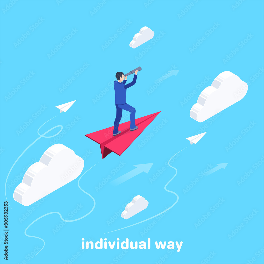 a man in a business suit stands on a flying paper plane and looks in a telescope , isometric vector image on a blue background, individual way a man in a business suit stands on a flying paper plane and looks in a telescope , isometric vector image on a blue background, individual way