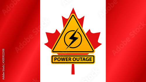 Power outage, yellow warning sign on the background of the flag of Canada