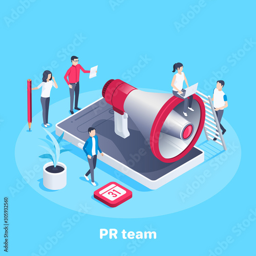 isometric vector image on a blue background, a large loudspeaker on the smartphone screen and people working with it, PR team