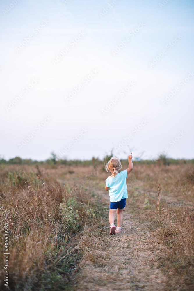Back view of a young blond girl running happily in an open field Back view of a young blond girl running happily in an open field