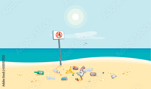 Dirty beach pollution sea view with no littering waste sign. Garbage and trash on the sand beach. Plastic garbage disposed improperly throwing away on the ground. Rubbish fallen near ocean water.