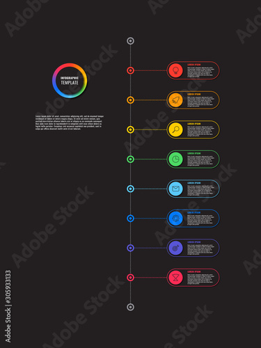 vertical timeline infographic with round elements on black background. modern business process visualisation with marketing line icons. vector illustration template easy to edit and customize. eps 10