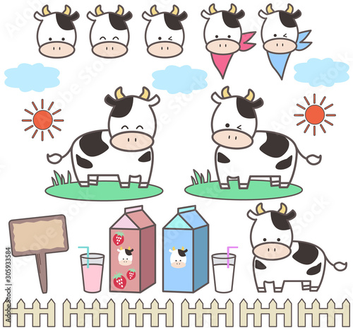 牛の表情と牛乳パックやミルクのセット