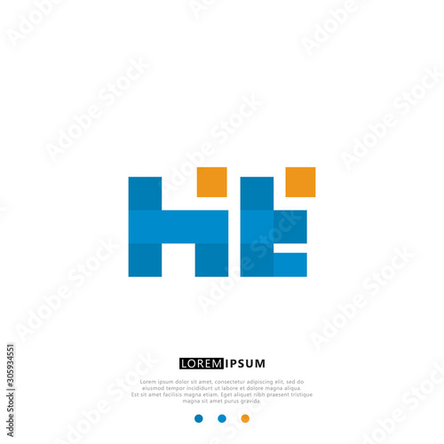 HE H E Logo Monogram with Blue and yellow Colors. modern letter logo design