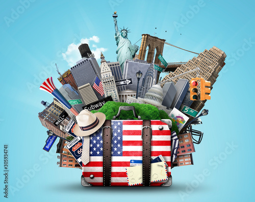 Suitcase with American flag on the background of USA landmarks