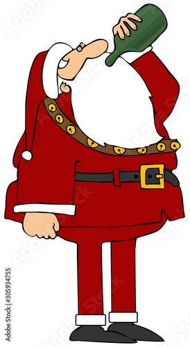 Santa drinking from a bottle of wine
