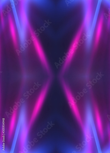 Dark abstract futuristic background. Neon lines glow. Neon lines, shapes. Multi-colored glow, blurry lights, bokeh. Empty stage background