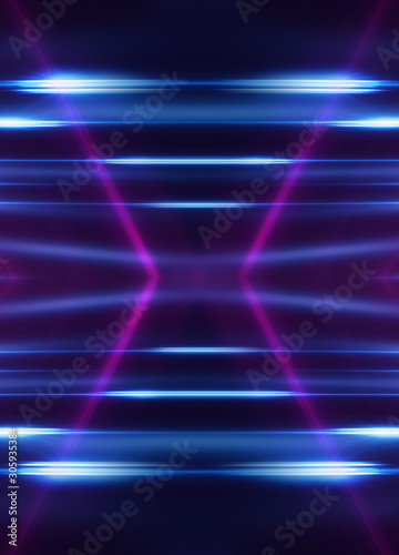 Dark abstract futuristic background. Neon lines glow. Neon lines, shapes. Multi-colored glow, blurry lights, bokeh. Empty stage background