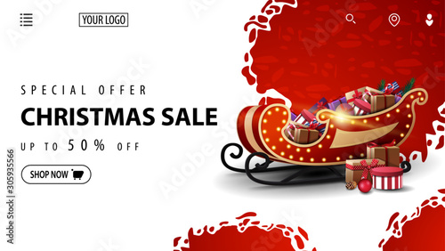 Special offer, Christmas sale, up to 50% off, white and red discount banner for website with Santa Sleigh with presents
