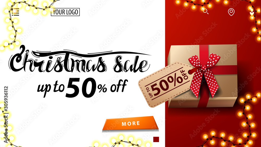 Naklejka premium Christmas sale, up to 50% off, white and red discount banner for website with present with price tag, top view